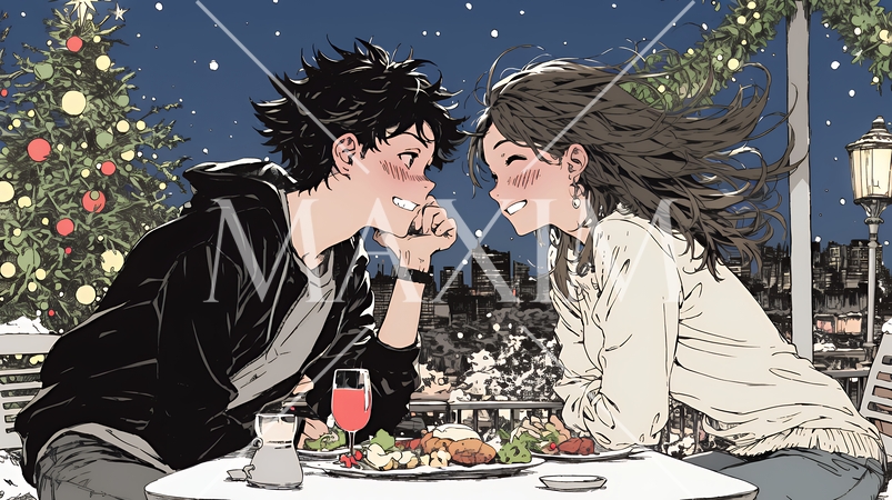 クリスマスディナーを楽しんでいる若いカップル