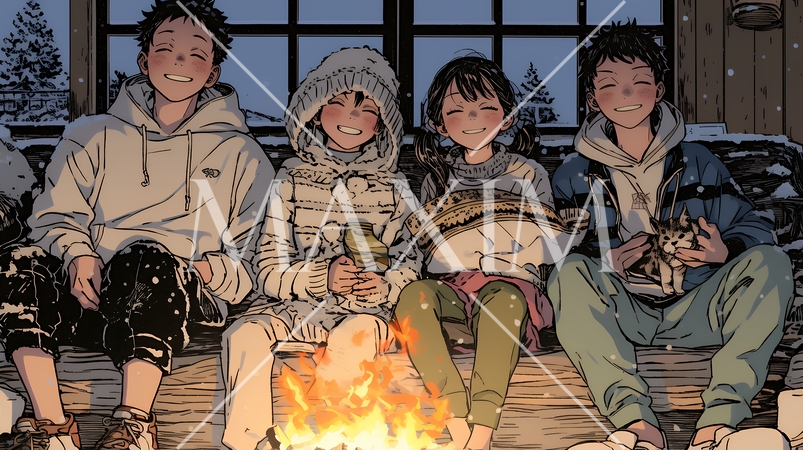 ほっこり：冬の寒い日に仲の良い仲間と暖炉のある部屋でのんびり・ゆっくり・まったり・ほっこり・ぬくぬく