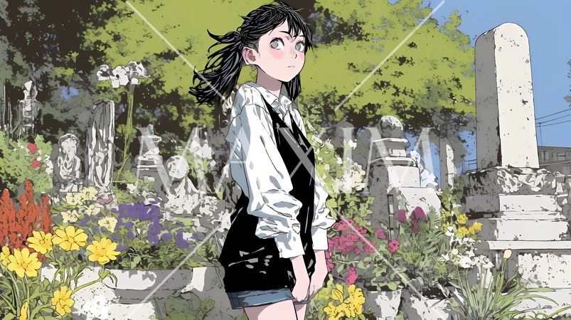 墓参りをしている若い女性