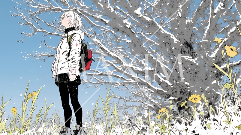 冬枯れの郊外の道を歩く若い女性