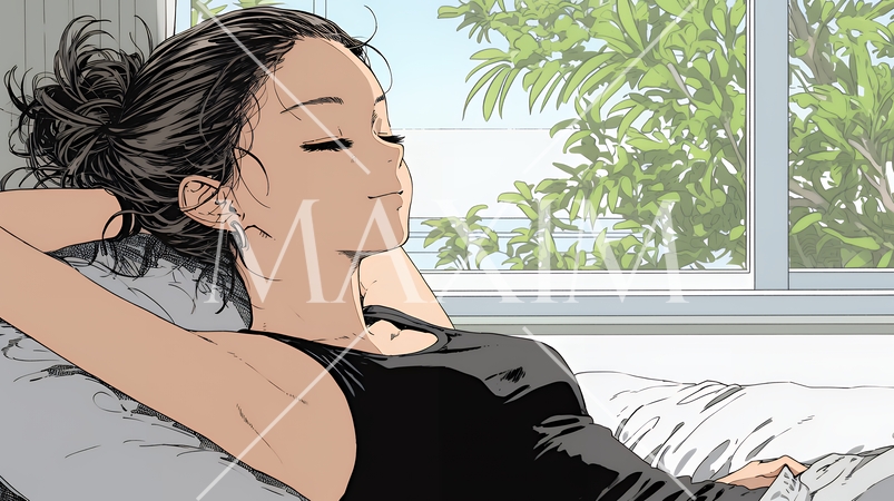 のんびり・ゆったり：朝日を浴びベッドで寛いでいる若い女性