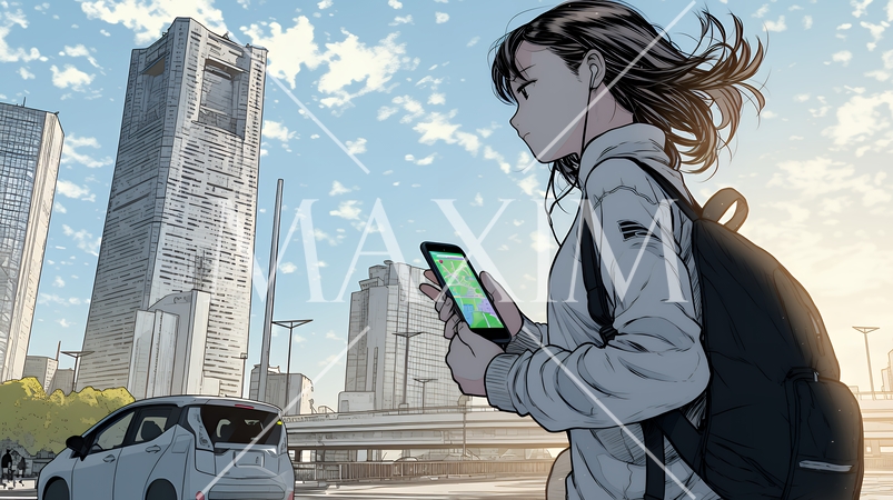 スマホの地図アプルを頼りに目的地に向かって歩いている女性：歩きスマホ