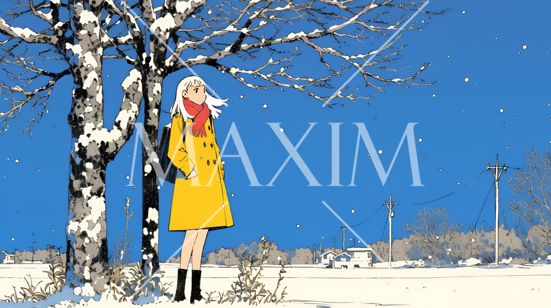 冬枯れの郊外の道を歩く若い女性