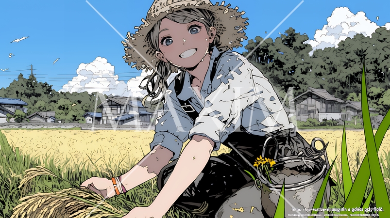 田んぼで農作業をしている女性