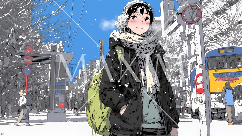雪の積もる冬の都会を散策している若い女性
