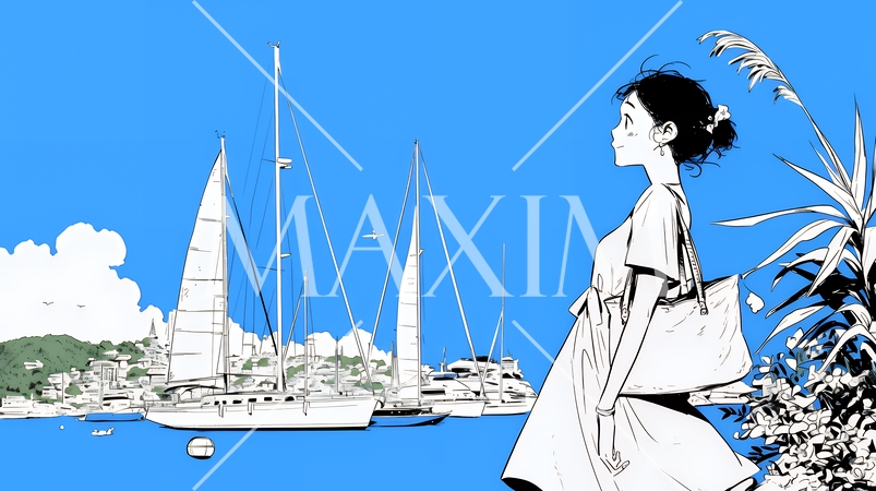 沖縄のヨットハーバーに立つ若い女性（シンプルな色使い）