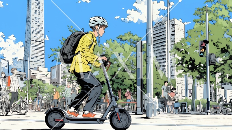 特定小型原付で都会を移動するビジネスパーソン
