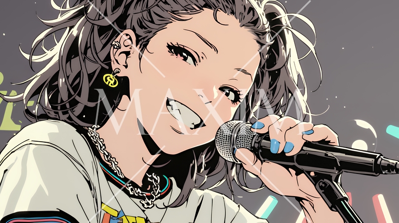 ステージでマイクを握り、情熱的に歌い上げる女性