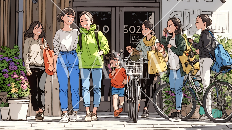 道端で会話を楽しむ若い主婦たち（ママ友たち）