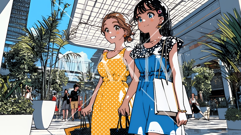 女友達と一緒にショッピングモールを歩き回る若い女性