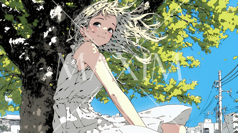 スカートを揺らしながら春風と戯れている若い女性