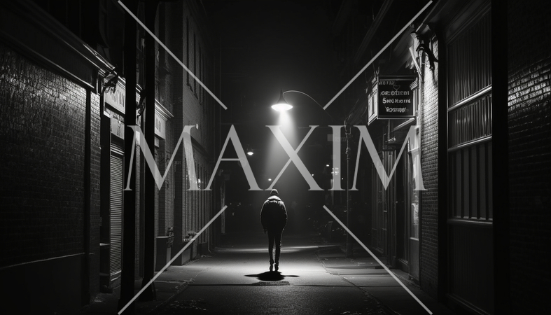 一寸先は闇：先にまったく明かりの見えない寂しい夜の路地を男が歩いている姿で表してみました