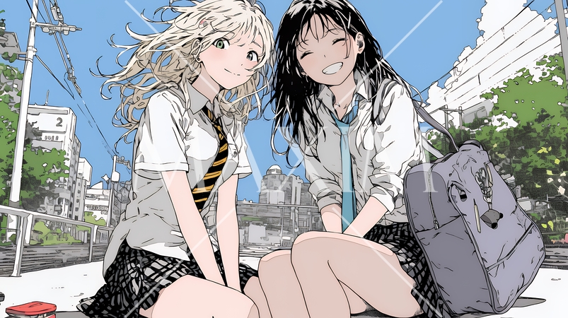 制服姿の女子高生：友達と通学