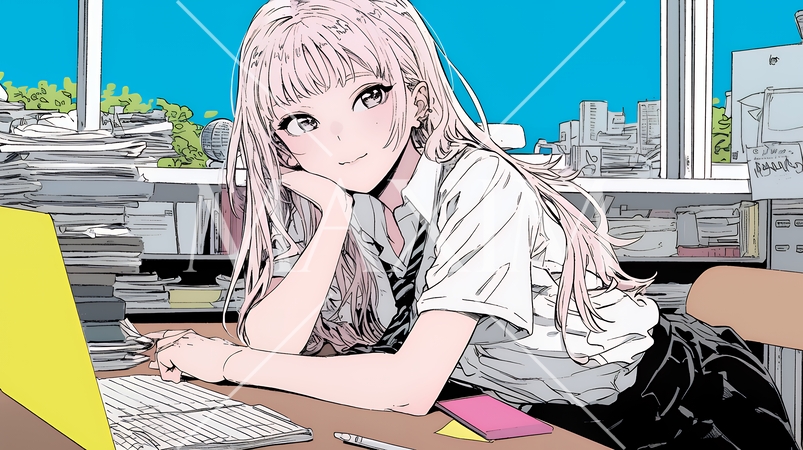 制服姿の女子高生：自宅でPC操作