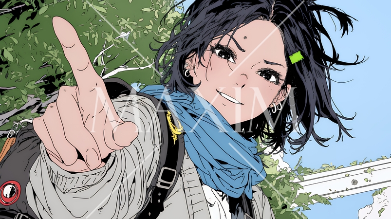 フィンガーガン（指でっぽう）を構えている若い女性