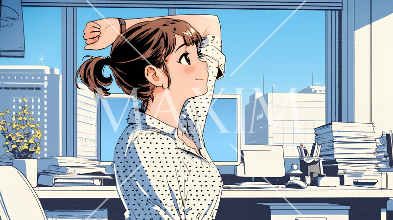 仕事の合間にストレッチ（伸び）をする女性