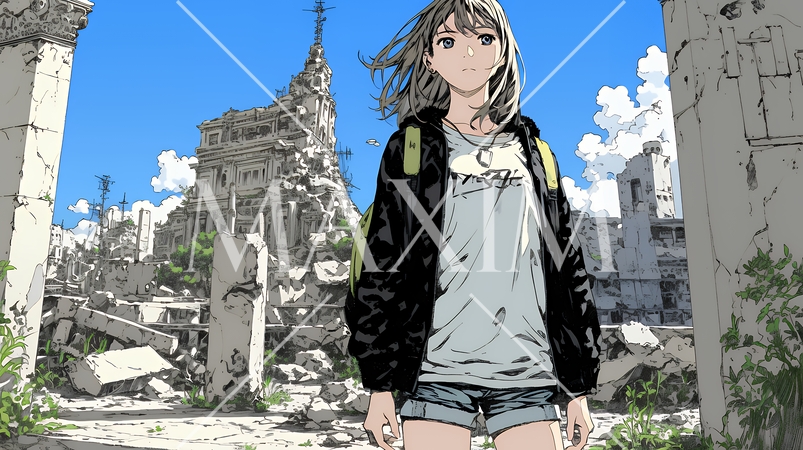 震災や空爆などで破壊された街で孤独に立ちすくむ若い女性