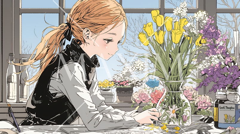 おもてなし（優しい心遣い）：来客のために花瓶に花を生ける若い女性