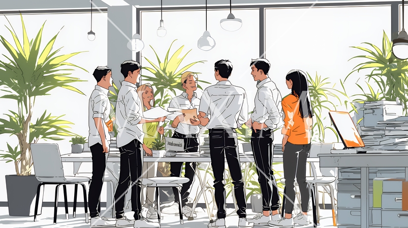 資料を見ながら打ち合わせをする会社員｜オフィスのビジネスミーティングイメージ