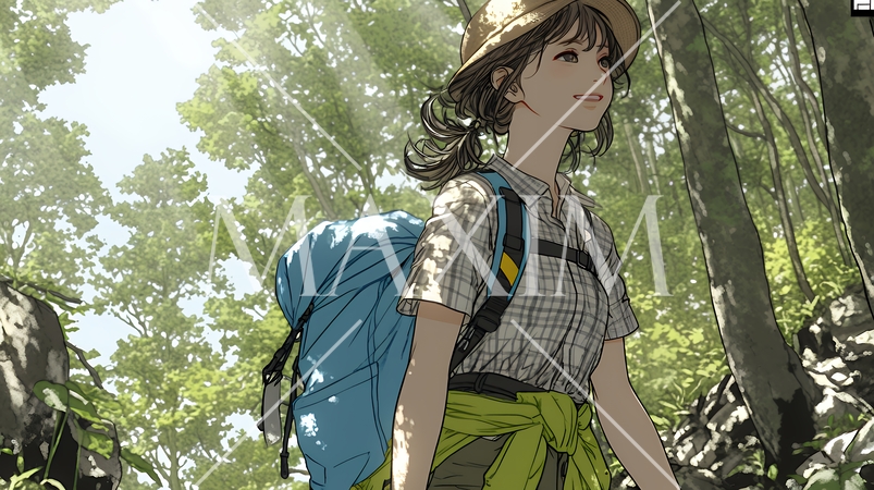 初夏の森でトレッキングを楽しむ若い女性｜新緑とアウトドアの爽やかなライフスタイル