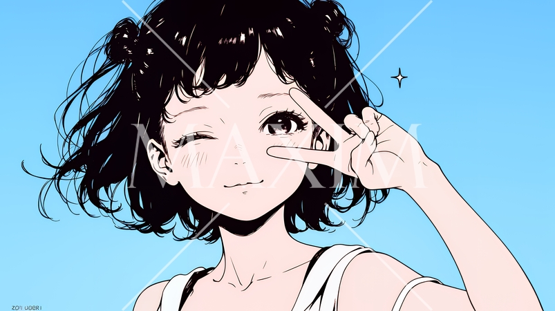 アイドルのように顔の横でピース＋ウィンクしている若い女性（シンプルな色使い）