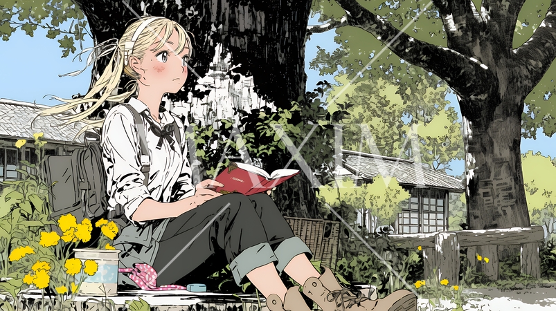 読書の秋：紅葉の木の下で本を読んでいる若い女性