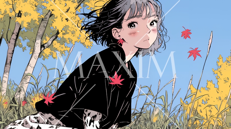 秋の野原で紅葉を見ている若い女性