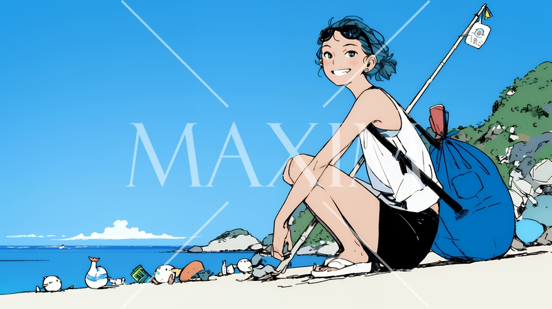 一人旅の若い女性と夏のビーチの風景（シンプルな色使い）