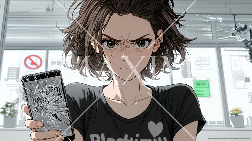 画面が激しく割れているスマートフォンを手にしているいる若い女性