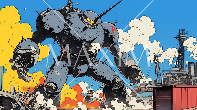 巨大関税ロボットが自由貿易港のコンテナ基地を破壊して、輸出入を妨害している