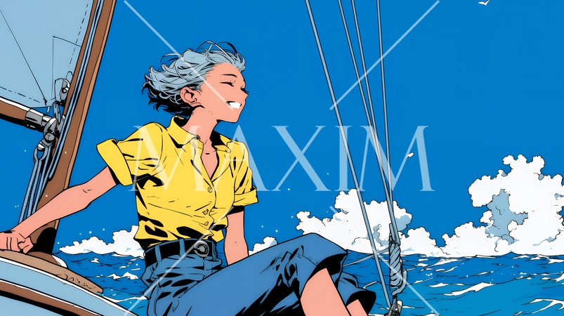 ヨットに乗っている若い女性
