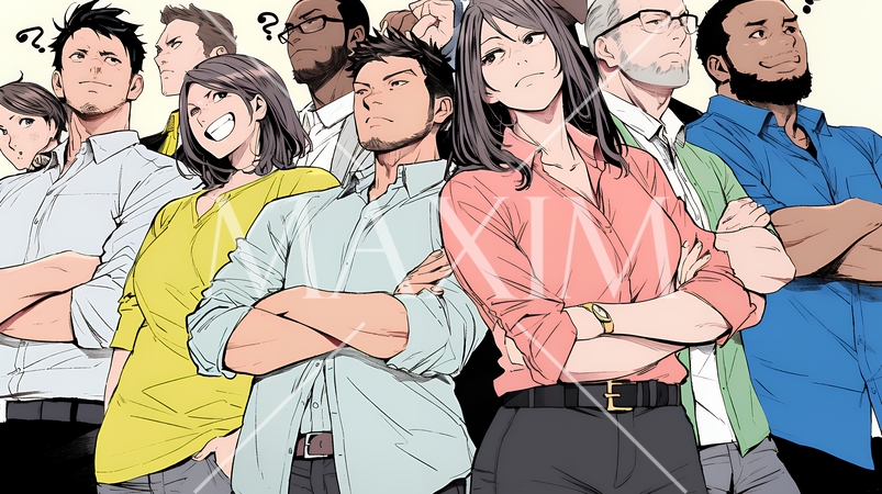 数人のビジネスパーソンが腕組みをして疑問を抱いた顔をしている