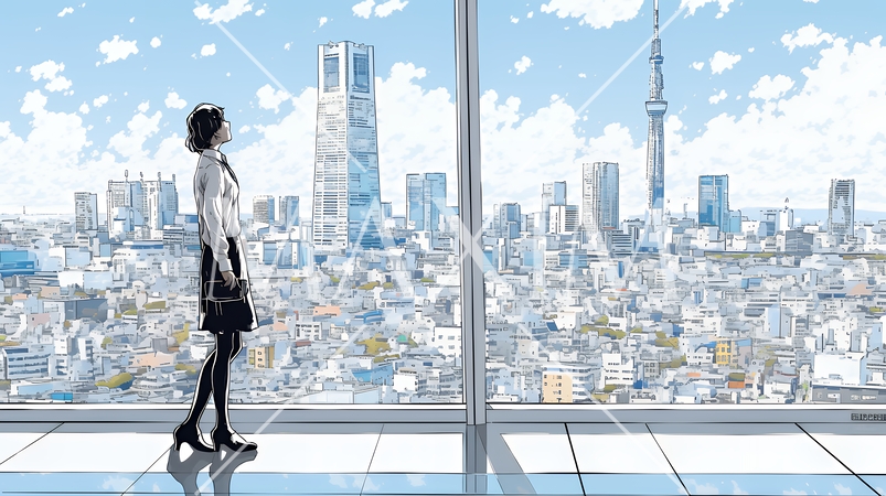 高層ビル群を見下ろすキャリア女性