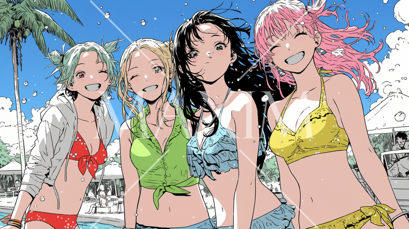 仲の良い友達同士で南国の海岸にビキニ姿でいる若い女性たち