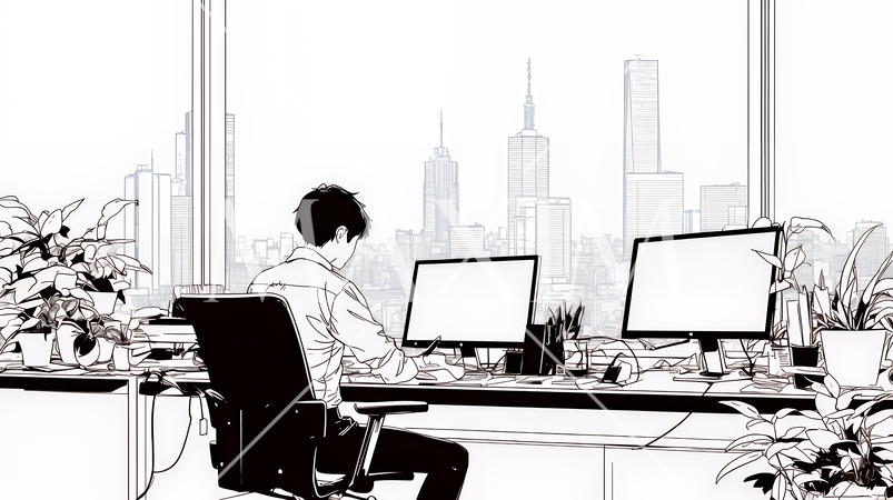 PCを使って資料を作成中の男性（シンプルな色使い）