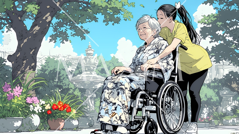 車椅子の歳をとった女性が若い女性に付き添われて公園を散歩している