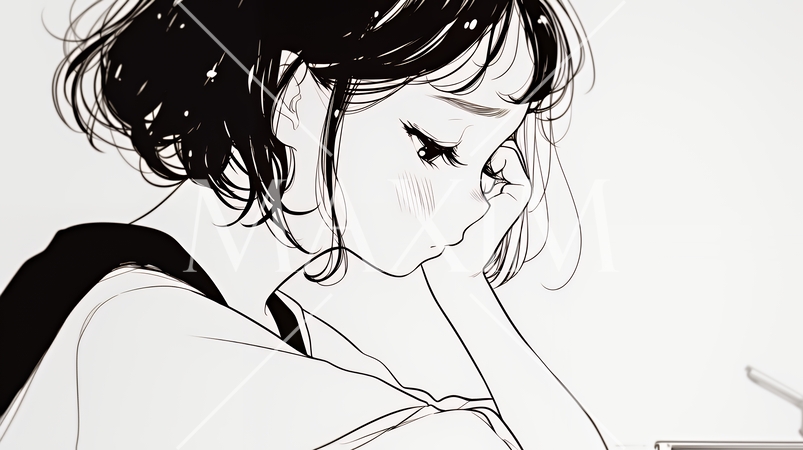 ため息をつく若い女性（シンプルな色使い）