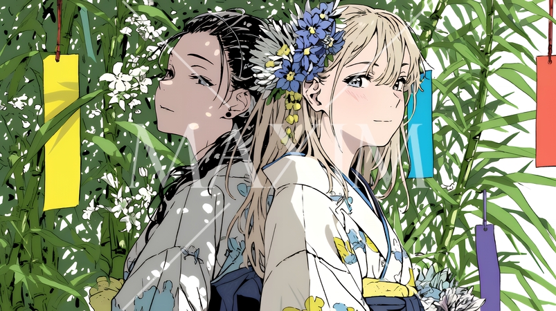 七夕飾りと浴衣を着た若い女性たち