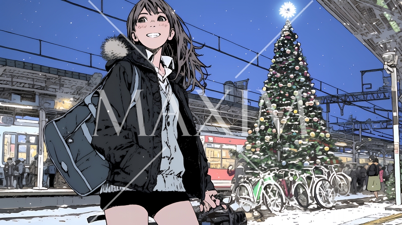 クリスマスイルミネーションが美しい街を散策する若い女性