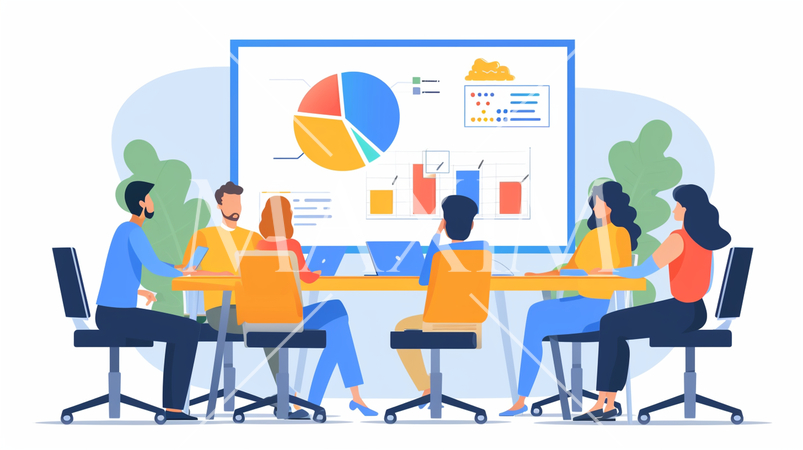 ビジネス戦略会議：競合分析、市場戦略の議論。