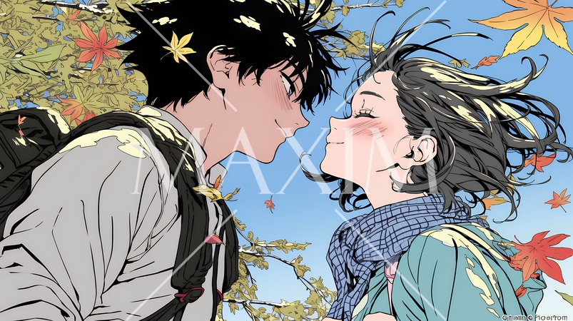 秋の紅葉の下でキスをしている若い恋人たち