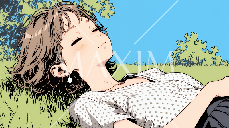 心地よさそうに地面に身を横たえる若い女性