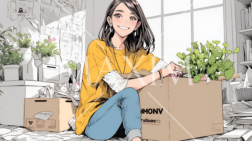 引っ越しの荷造り・荷解きをしている若い女性