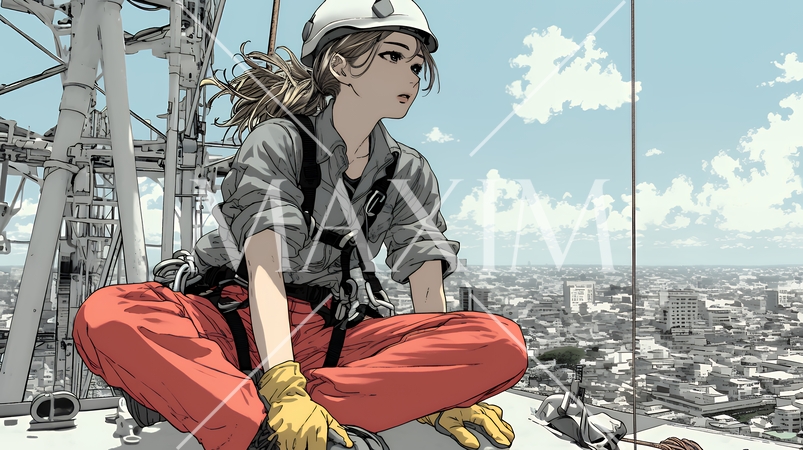 高所で作業をしている女性作業員