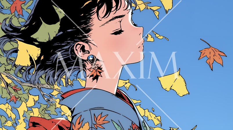 紅葉に包まれた中、着物を纏った若い女性が佇んでいる