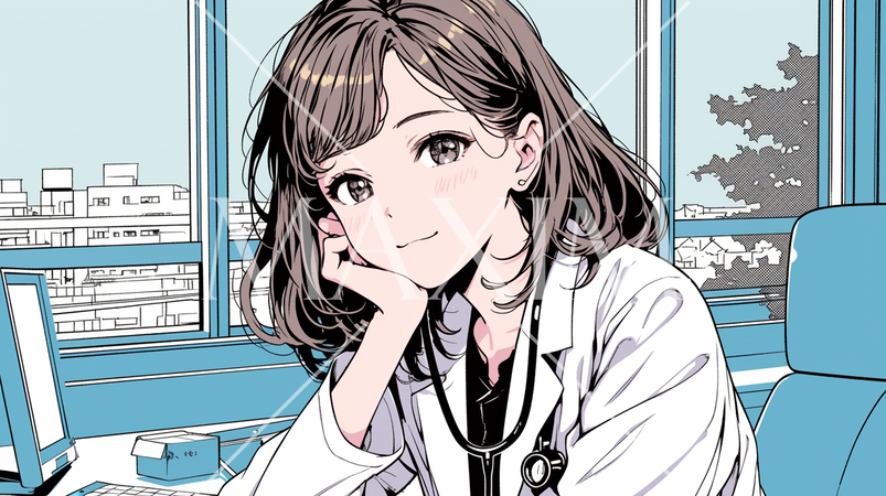 白衣を着て聴診器を首にかけている若い女医