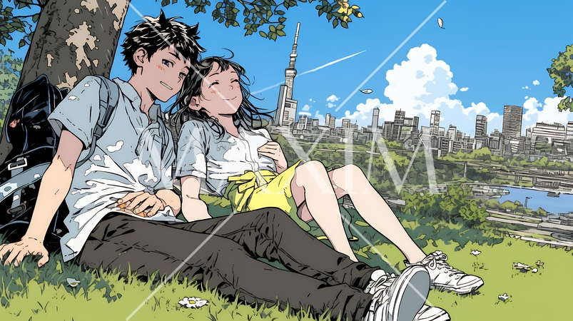 新緑の芝生が広がる都会の公園でくつろぐ若い男女