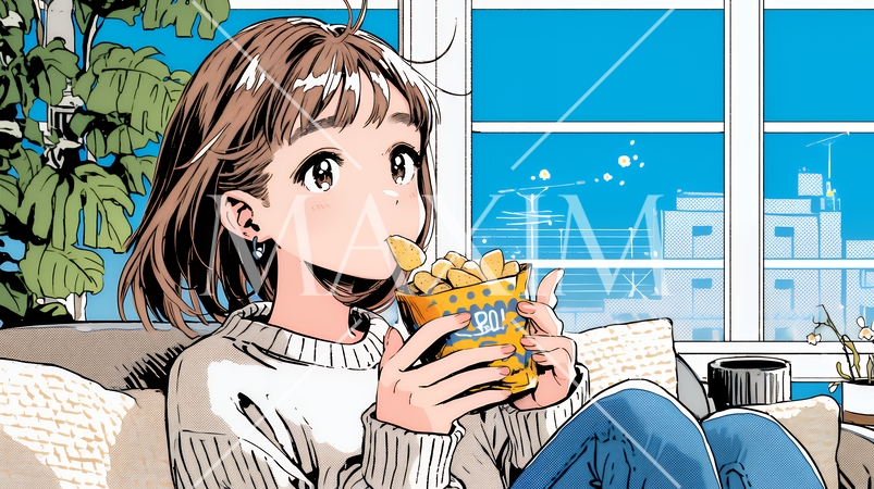 ポテトチップスをつまみながら、ひとりでビデオを観る若い女性