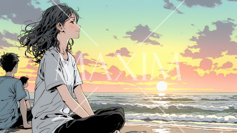 のんびり・ゆったり：夏のビーチで夕日を眺める若い女性