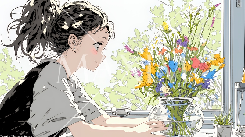 おもてなし（優しい心遣い）：来客のために花瓶に花を生ける若い女性